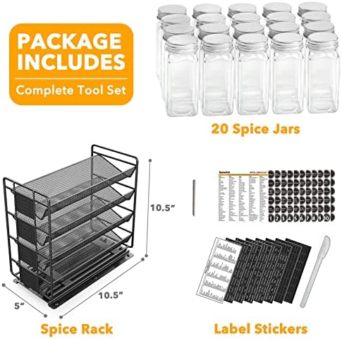 SpaceAid Pull Out Spice Rack Organizer with 20 Jars, Heavy Duty Slide Out Seasoning Organizer for Kitchen Cabinets, with 801 Labels and Chalk Marker, Left Facing