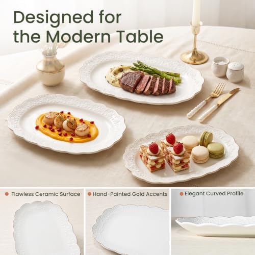 Kassel Ceramic Serving Platter Set | 16”/14”/12” Oval Serving Trays for Entertaining at Parties and Weddings | Oven Safe Extra Large Serving Trays for Tacos, Steak, and Cake