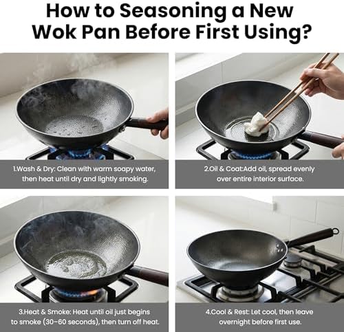13 Inch Carbon Steel Wok with Lid, Large Flat Bottom Woks & Stir-Fry Pan