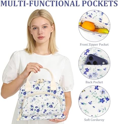 TESAFNG Lunch Bag - Insulated Lunch Box for Women, Reusable Large Capacity Cooler Bag for Adult, Small Leakproof Cute Corduroy Lunch Tote for Work Office Travel Picnic (Blue Flower)