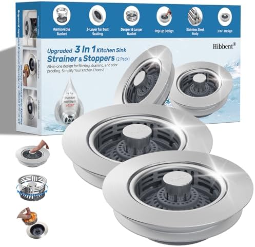 Hibbent 2 Pack 3 in 1 Kitchen Sink Drain Strainer, Metal Pop Up Stopper