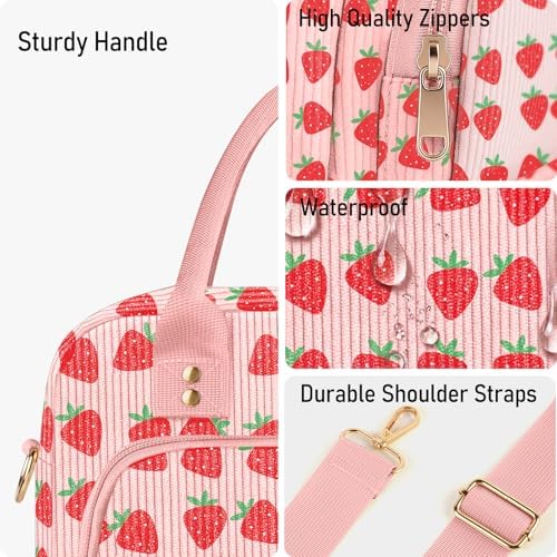 Lunch Bag Large Insulated Lunch Box for Women Adult Cute Pink Strawberry Lunchbox Corduroy Lunch Bags Boxes Pail with Shoulder Strap for Work (Big Red Strawberry)