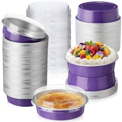 Yinder 120 Pcs 8 oz Disposable Creme Brulee Ramekins with Lids, 4 Inch Mini Pie Tins Aluminum Foil Pie Tart Cake Baking Pans Individual Round Containers Oven Safe(Purple)