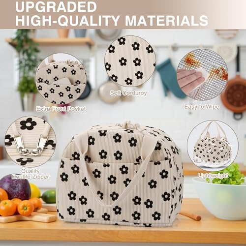 TESAFNG Lunch Bag - Insulated Lunch Box for Women, Reusable Large Capacity Cooler Bag for Adult, Small Leakproof Cute Corduroy Lunch Tote for Work Office Travel Picnic (Corduroy Black-Flower)