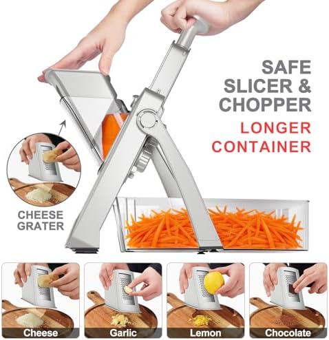 QYKIC Safe Mandoline Slicer,Vegetable Potato Slice Food Cutter for Kitchen,Thickness Adjustable Upright Veggie Chopper for Fast Meal prep (Sliver)