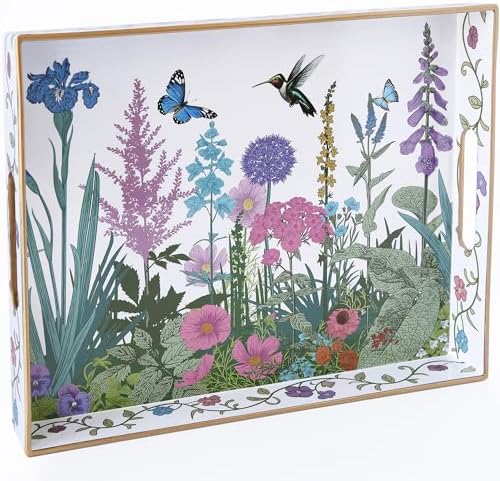 Serving Tray with Handles, Rectangular Plastic Tray 15.75x11.81 Inch, Wildflower, Butterflies & Hummingbirds Style Decorative Tray for Kitchen, Dining Table, Vanity, Office & Home