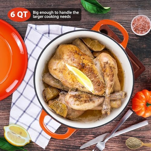 E-far 6 Quart Dutch Oven, Enameled Cast Iron Dutch Oven Pot with Lid, Nonstick Round Cookware for Braising/Stews/Roasting/Bread Baking/Cooking, Heavy Duty, Induction & Oven Safe - Orange