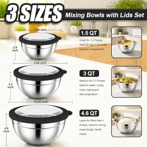 P&P CHEF Stainless Steel Mixing Bowls with Visible Airtight Lids, Black