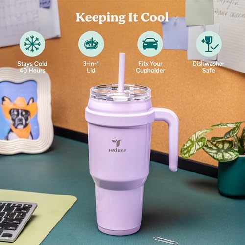 REDUCE 40 oz Stainless Steel Tumbler with Handle - Dual-Wall Vacuum Insulated Travel Mug, Sweat-Proof Lid & Reusable Straw - Keeps Drinks Cold for 24 Hrs, Fits Cupholders, Dishwasher Safe - Sand