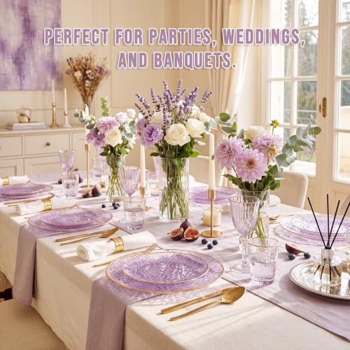 Rubtlamp 60Pcs Clear Purple Gold Plastic Plates, Purple Disposable Plates With Gold Rim, Hammered Plastic Plates Include 30 Clear Dessert Plates, 30 Dinner Plates for Party