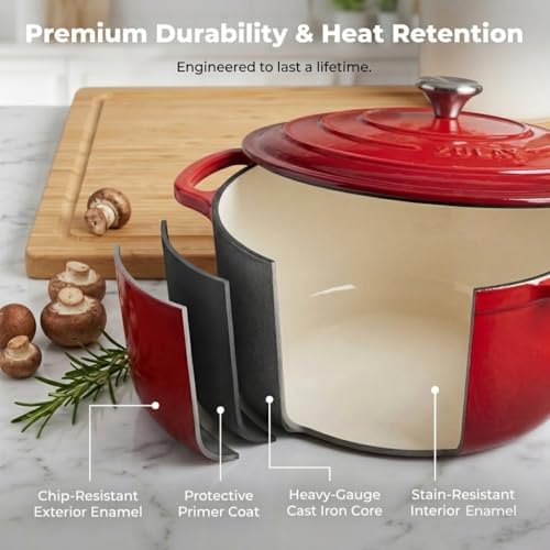 Zulay Kitchen 7.7 Quart Enameled Cast Iron Dutch Oven Pot with Lid – Premium Durability & Oven Safe up to 500°F – Heavy Duty Cookware Perfect for Bread Baking, Stews, Braising & Roasting – Ablaze Red