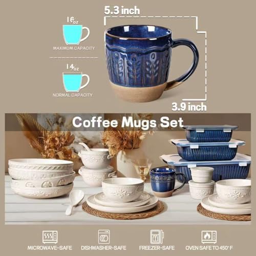 Artena Ceramic Coffee Mugs Set of 4, 16oz Embossed Large Latte Mugs Coffee Cups with Handle for Tea, Latte, Cappuccino & Cocoa, Milk Dishwasher & Microwave Safe, Blue (Wheat Leaf)