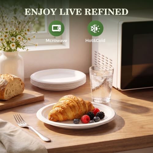 BESTVIP 7 Inch Compostable Sugarcane Paper Plates, White,100 Pack