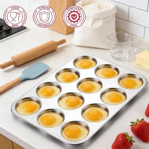 E-far 12-Cavity Muffin Top Pan, Stainless Steel Shallow Cupcake Pan