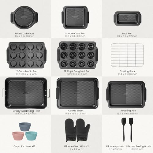 Kikcoin 25-Piece Nonstick Baking Pans Set with Large Turkey Roasting Pan, Stackable Ceramic Bakeware Set, 450°F Oven Safe Baking Sheet Set with Silicone Handles, Cookie Sheets for Baking, Black