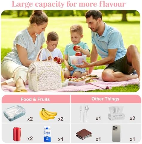 LOKASS Insulated Lunch Bag Women- Reusable 10 L Lunch Box for Women - Leakproof Tote Cooler Bag for Adults Work, Beach, Travel, Picnic （White Small Florals）