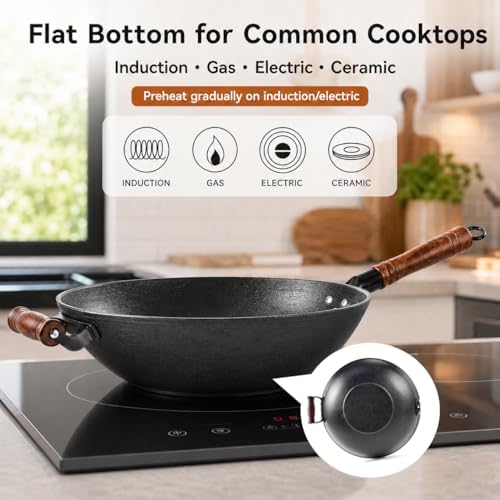 WANGYUANJI 12.6 Inch Cast Iron Wok with Wooden Lid, Handcrafted Flat Bottom Chinese Stir Fry Pan, Uncoated Heavy-Duty Iron Wok for Induction, Gas, Electric & Ceramic Stoves