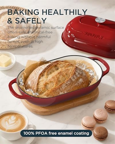 Enameled Cast Iron Bread Oven, 5QT Cast Iron Dutch Oven for Homemade Sourdough Bread Baking, Oval Bread Pot with Dome Lid & Cotton Potholders, Cherry Red