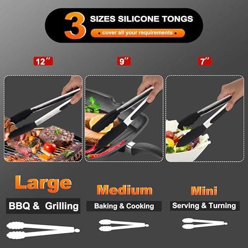 Anaeat Non-Stick Silicone Locking Tong Set of 3 - Stainless Steel 7", 9", 12" Kitchen Food Tongs with Non-Slip Silicone Tips and Grip for Cooking, Baking and BBQ - Heat Resistant up to 480°F (Black)