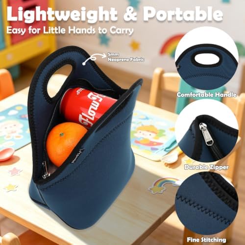 FlowFly Neoprene Kids Lunch box Insulated Soft Bag Mini Cooler Thermal Meal Tote Kit for Boys, Girls,Men,Women,School,Work, Office, Navy Blue