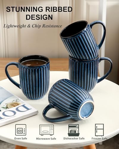 HASENSE 16 oz Ceramic Coffee Mugs Set of 4, Ribbed Navy Blue Coffee & Tea Cups, Dishwasher & Microwave Safe, Ideal for Housewarming & Wedding Gifts