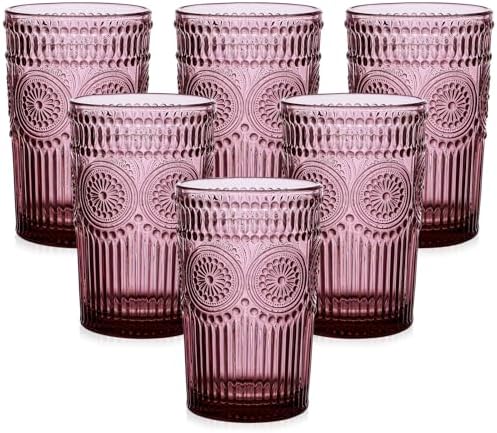 ZMOWIPDL Drinking Glasses Set of 6,13oz Flower Design Purple Glass Cups