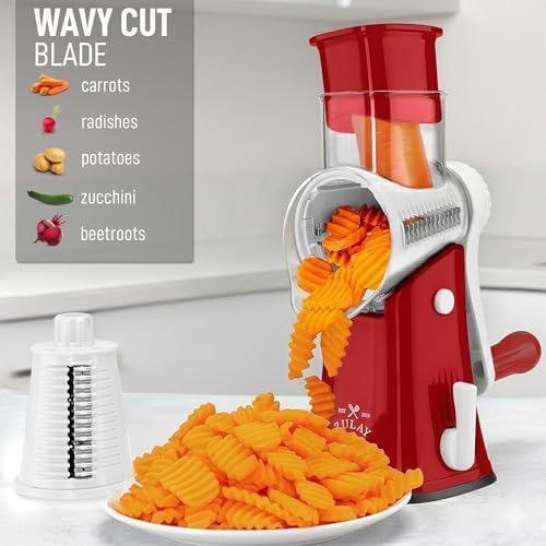 Rotary Cheese Grater Manual Hand Crank 5 Blade Shredder, White & Red