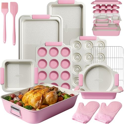 Kikcoin 25-Piece Nonstick Baking Pans Set with Large Turkey Roasting Pan, Stackable Bakeware Set, 450°F Oven Safe Baking Sheet Set with Silicone Handles, Carbon Steel Cookie Sheets for Baking, Pink
