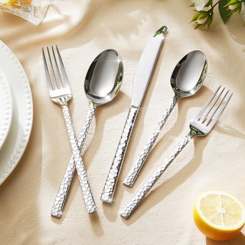 60 Piece Hammered Silverware Set, 18/10 Stainless Steel Flatware Set for 12