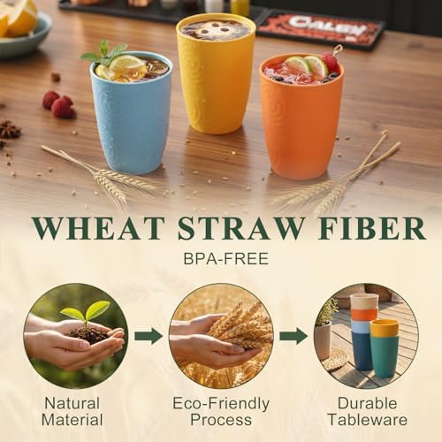 12oz Wheat Straw Cups Set of 6, Plastic Cups Reusable (Multicolor)