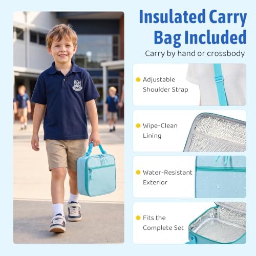 Bento Box for Kids with Thermo Food Container (9oz), 4-Compartment Lunch Box, Adjustable Divider, Leakproof Bento Lunch Box, Includes Utensils & Carry Bag for School, Office(Light Blue)