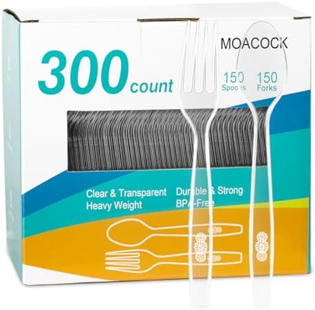 MOACOCK 300 Count Heavy Weight Clear Plastic Forks and Spoons