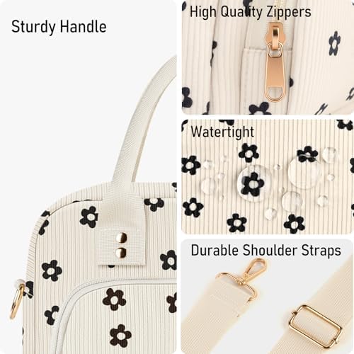 Lunch Bag Large Insulated Lunch Box for Women Men Adult Cute Black Floral Lunchbox Corduroy Lunch Bags Boxes Pail with Shoulder Strap for Work Mom Picnic Office Travel 11.4×6.8×9.1 inches 11.5L