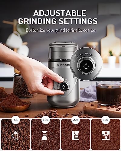 SHARDOR Electric Super Silent Blade Coffee Grinder, Timed Grind Control Rotary Knob, Adjustable Coarse to Fine for Coffee Beans, Spices & Herbs, with 2 Removable Stainless Steel Bowl, Sliver