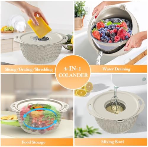 4-1 Colander with Bowl Set, Food Strainers and Colanders, Fruit Washing Bowl with Strainer, Rotatable Colander for Kitchen, Aesthetic Kitchen Gadget, Christmas & New Year Gifts - Beige