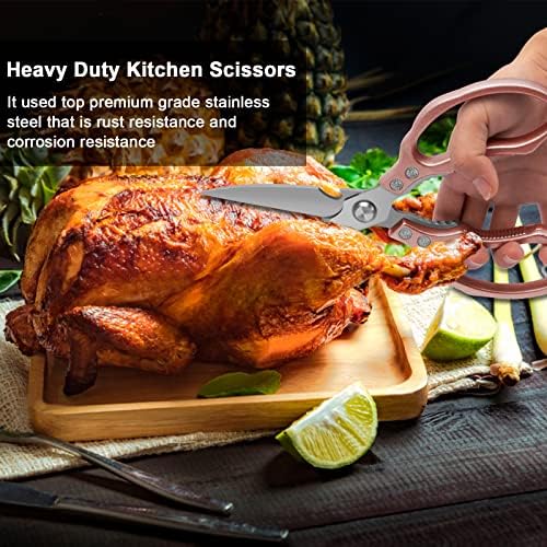 CGBE Kitchen Scissors, Multi-Purpose Kitchen Shears, Heavy Duty Dishwasher Safe Food Scissors for Chicken, Poultry, Fish, Meat & Herbs with Non-Slip Grips - Rosegold