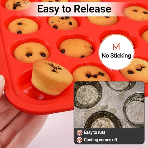 CAKETIME Silicone Muffin Pans for Baking, Metal Reinforced Frame Regular 12 Cups & Mini 24 Cups Cupcake Pan Set Nonstick Muffin Pan for Homemade Baking Easy to Handle