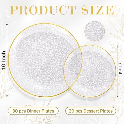 Rubtlamp 60Pcs Clear Plastic Plates,Clear Disposable Plates With Gold Rim,Heavy-duty Gold Plates,Hammered Party Plates Include 30Clear Dessert-Platos,30Dinner-Platos for Wedding, Party