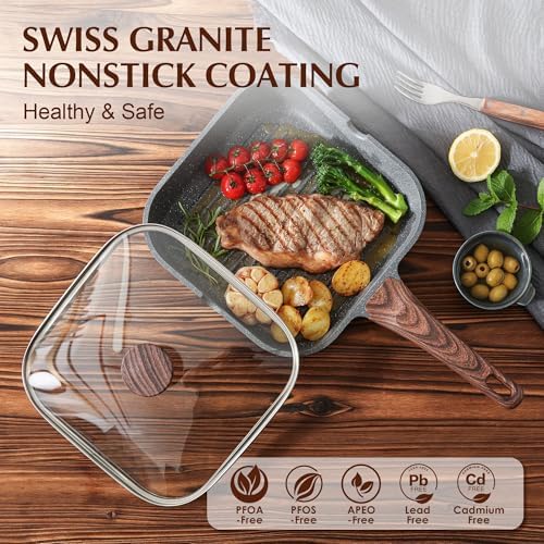 SENSARTE Nonstick Grill Pan with Lid, Grill Pan for Stove Tops, Versatile Griddle Pan with Pour Spouts, Square Grill Pan for Big Cooking Surface, Grill Skillet for Indoor Outdoor Grilling. PFOA Free