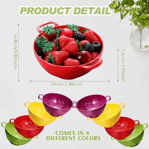 Baderke 4 Pack Mini Colander for Kitchen Plastic Berry Strainer with Double Handles 7.5 x 6 x 3 Inch Small Colander Strainer for Fruits Vegetables Food (Lemon Yellow,Green,Purple,Red)