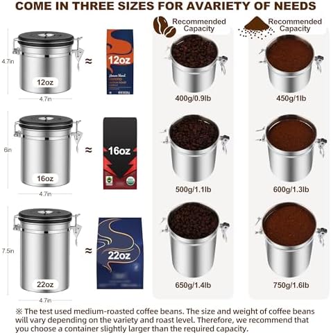 ShanSon Coffee Canister Airtight, Stainless Steel Bean Storage Container with Date Tracker & Scoop, Grounds Sugar Flour Tea Cereal Fits Kitchen Pantry, Ideal Gift for Coffee Lovers,16oz,Silver
