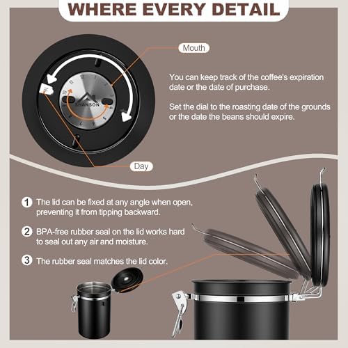 ShanSon Coffee Canister Airtight, Stainless Steel Bean Storage Container with Date Tracker & Scoop, Grounds Sugar Flour Tea Cereal Fits Kitchen Pantry, Ideal Gift for Coffee Lovers,16oz, Black