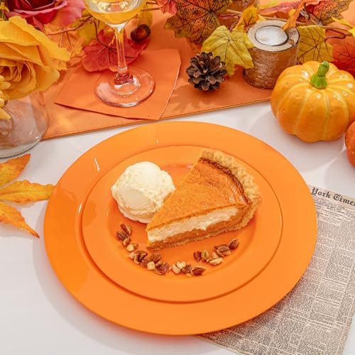 FLOWERCAT 60PCS Orange Plates - Heavy Duty Orange Plastic Plates Disposable for Fall Party & Halloween&Thanksgiving - Serve 30 Guests 10.25inch and 7.5inch