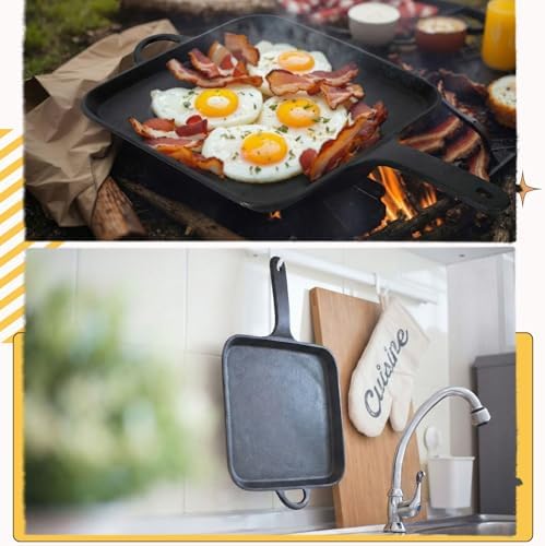 12 Inch Cast Iron Square Griddle, Seasoned Skillets with Ring Handle, Heat Resistant Griddle for Pancakes, Eggs, Steak, Durable Griddles for Stove Top Oven Safe for Kitchen Cooking