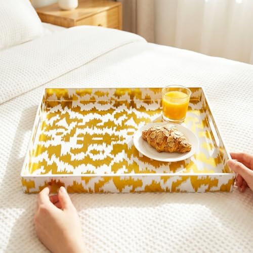 White & Gold Glitter Abstract Serving Tray with Handles, 15.8”x11.7”x1.6” Rectangular Decor Tray – Multipurpose for Breakfast in Bed, Bathroom Vanity, Living Room & Entertaining