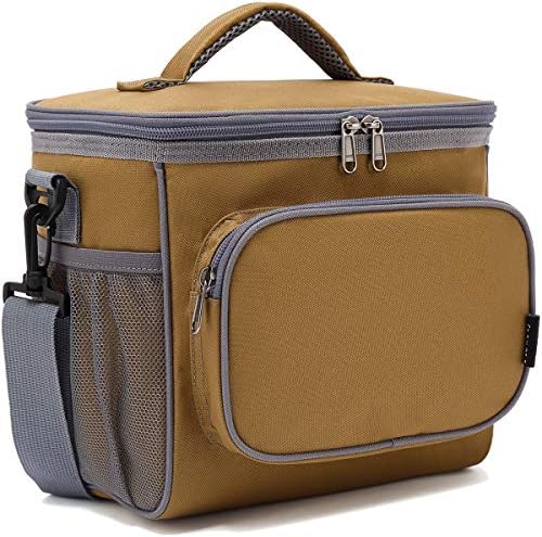 FlowFly Insulated Reusable Lunch Bag Adult Large Lunch Box for Women and Men with Adjustable Shoulder Strap,Front Zipper Pocket and Dual Large Mesh Side Pockets,Brown