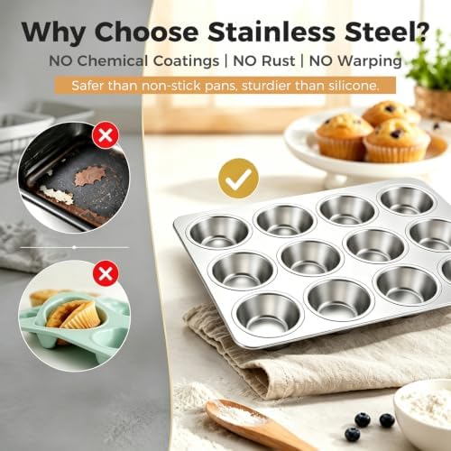 Onader Stainless Steel Muffin Pan Tin 12-Cup, 2 Pack Cupcake Pan for Baking