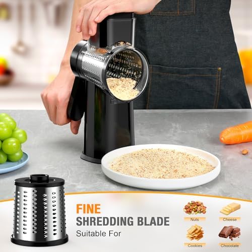 Ibergrif Rotary Cheese Grater Hand Crank– Manual Vegetable Slicer Mandoline with Foldable Handle, Rotary Grader with 3 Interchangeable Blades, Manual Cheese Shredder with Suction Base