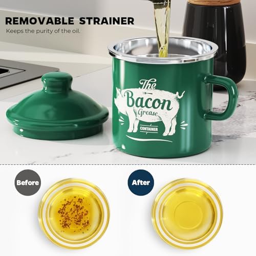 Bacon Grease Container with Strainer-15OZ Enamel Saver, Dishwasher Safe