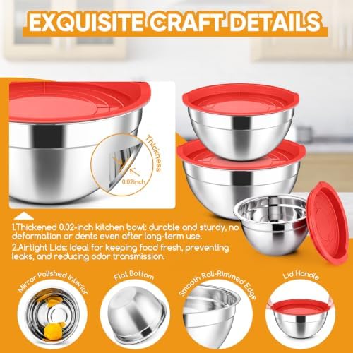Herogo Stainless Steel Mixing Bowls with Lids Set of 3, 1.5/3/4.6Qt, Red